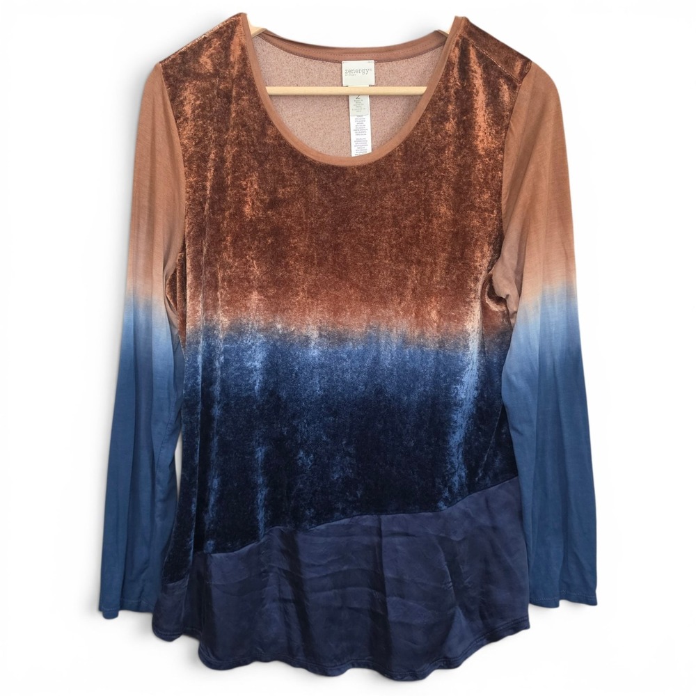 Chicos Zenergy Top Womens 2 US Large Brown Blue Ombre Velvet Blouse Tunic Casual